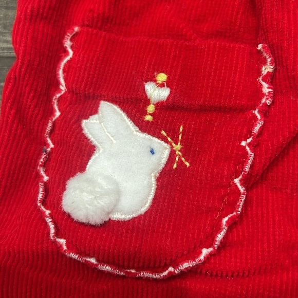 Vintage red corduroy embroidered bunny baby Overalls - Picture 3 of 6